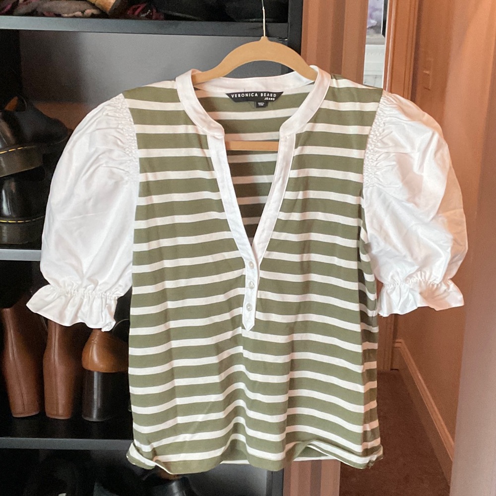 Veronica Beard Olive Striped Blouse with White Puff Sleeves